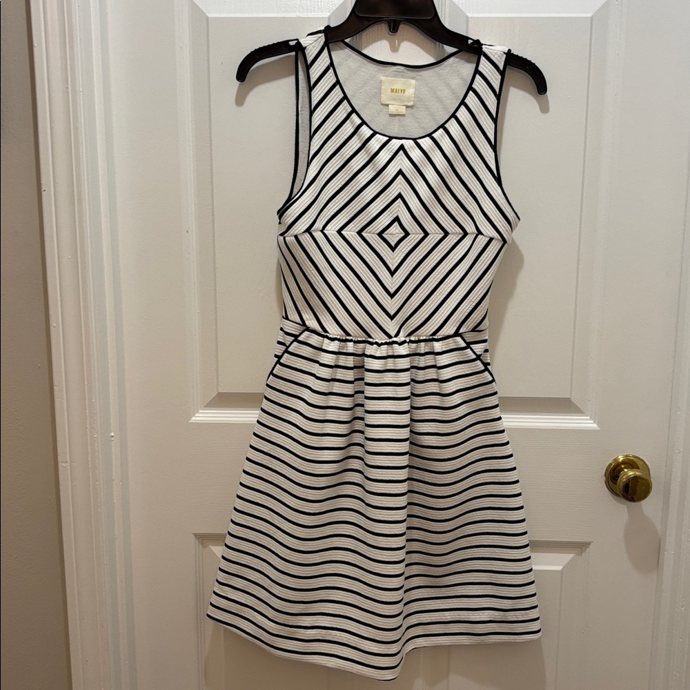 Anthropologie Maeve Mitred Stripe Fit & Flare Dress Black White Diamond Size 2